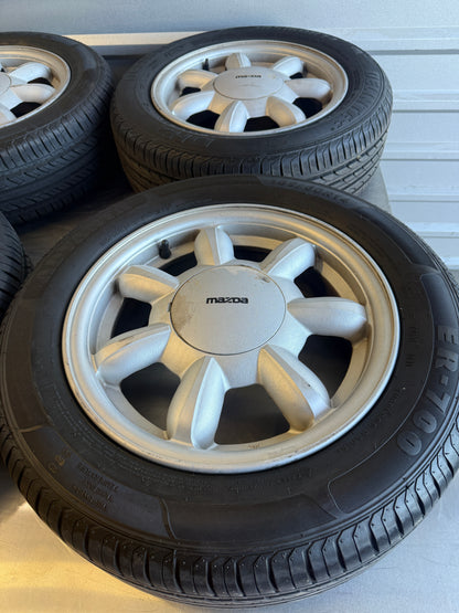 OEM Enkei Daisy Wheel Set w/ Center Caps & Tires – 1990–1997 Mazda Miata NA