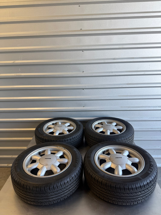 OEM Enkei Daisy Wheel Set w/ Center Caps & Tires – 1990–1997 Mazda Miata NA